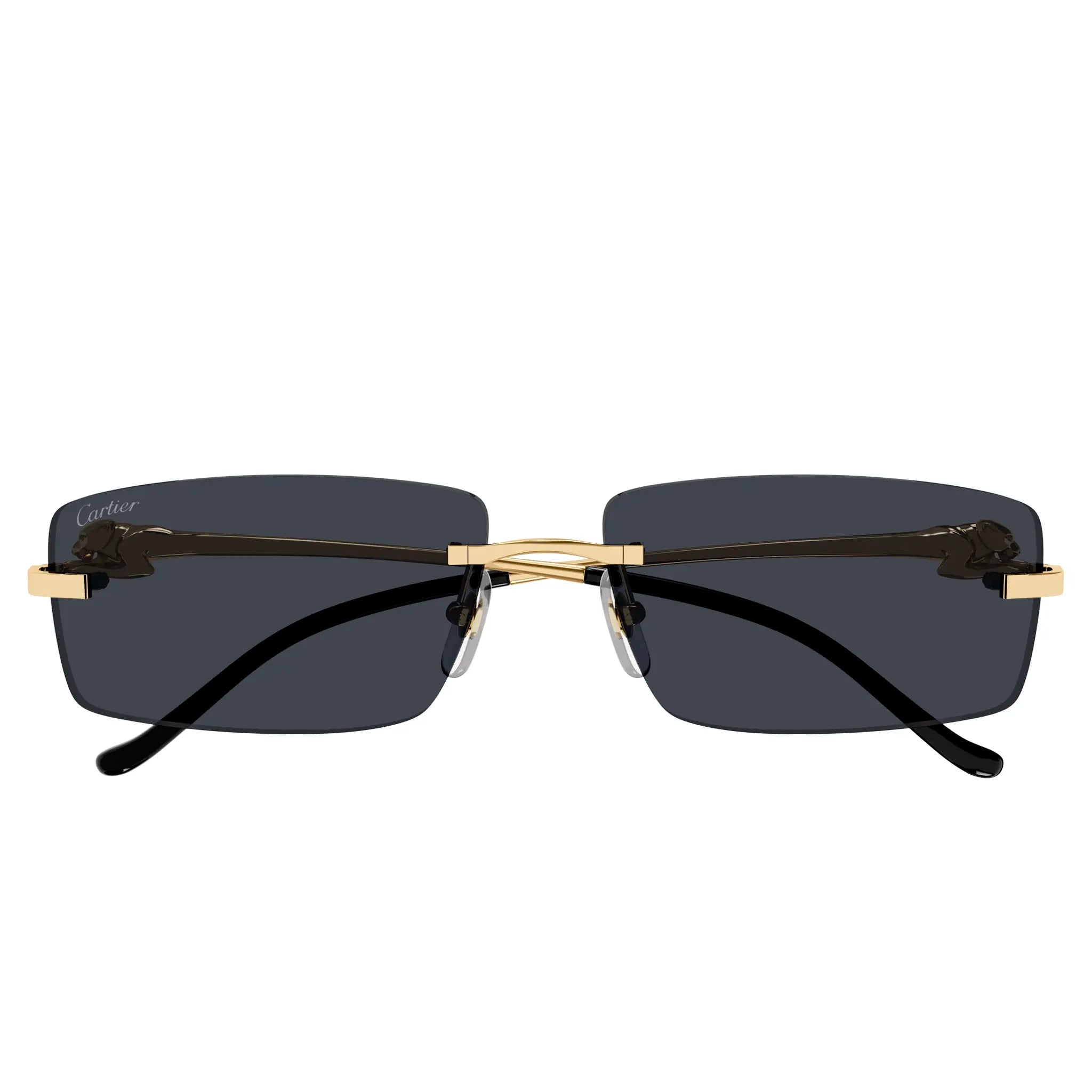 Front view of Cartier Eyewear CT0430S-001 Panthere De Cartier Gold Grey Rimless Sunglasses